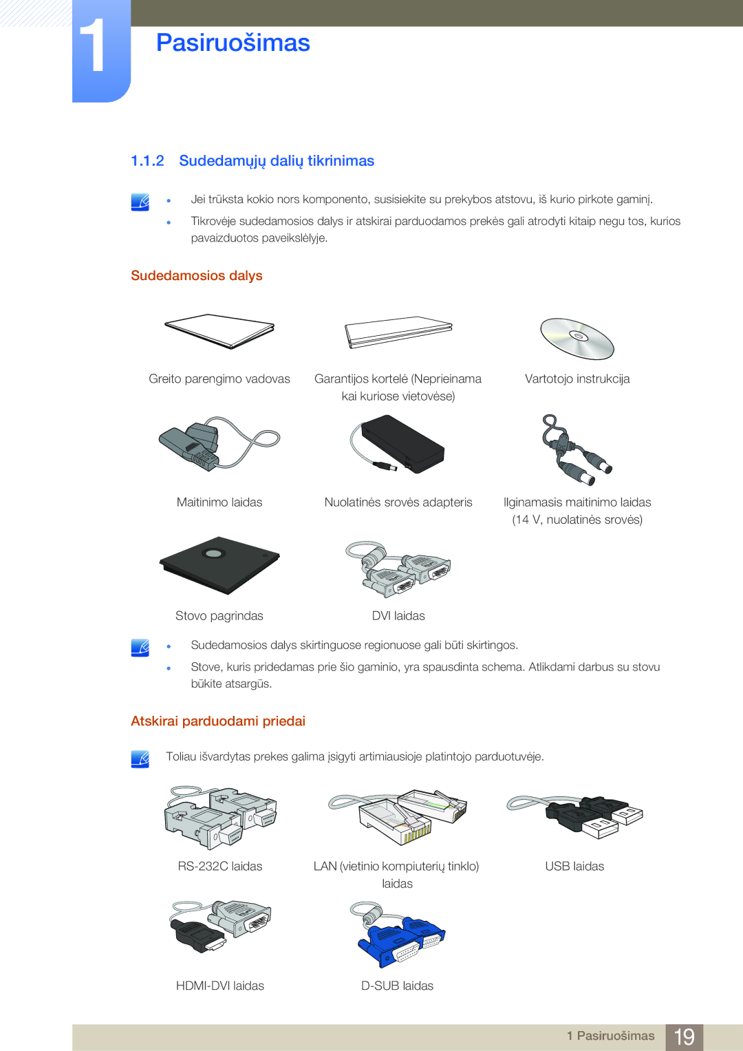 Samsung LF24NSBTBN/EN, LF19NSBTBN/EN manual Sudedamųjų dalių tikrinimas, Sudedamosios dalys, Atskirai parduodami priedai 