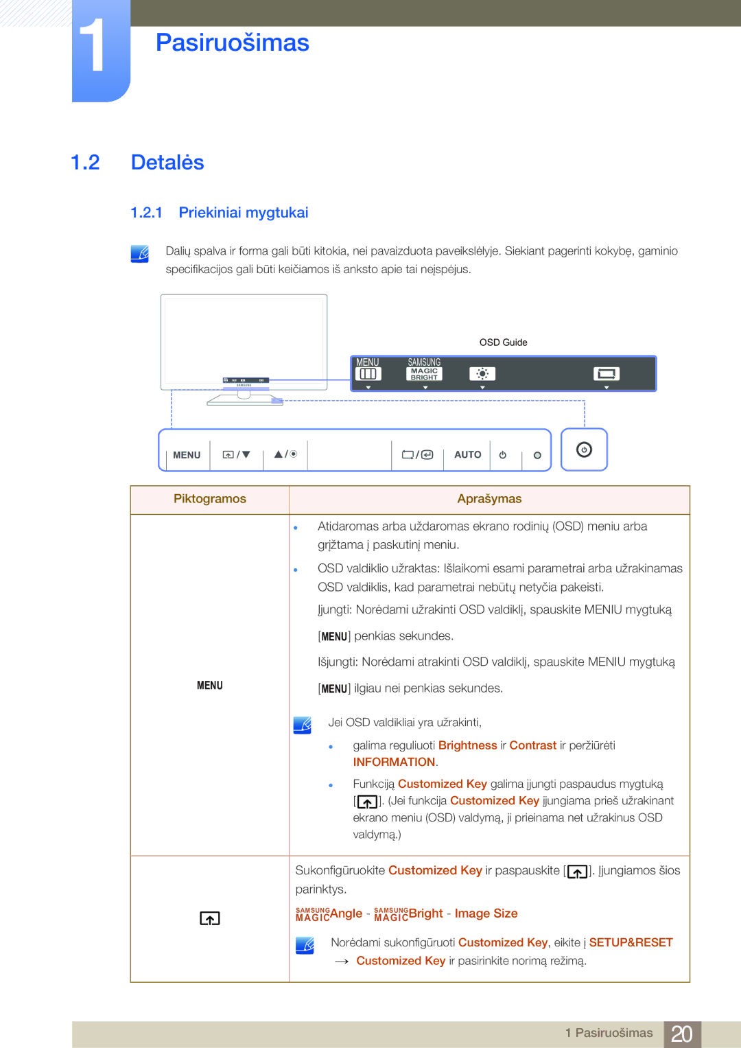 Samsung LF22NSBTBN/EN, LF19NSBTBN/EN manual Detalės, Priekiniai mygtukai, MAGICSAMSUNGAngle MAGICSAMSUNGBright Image Size 