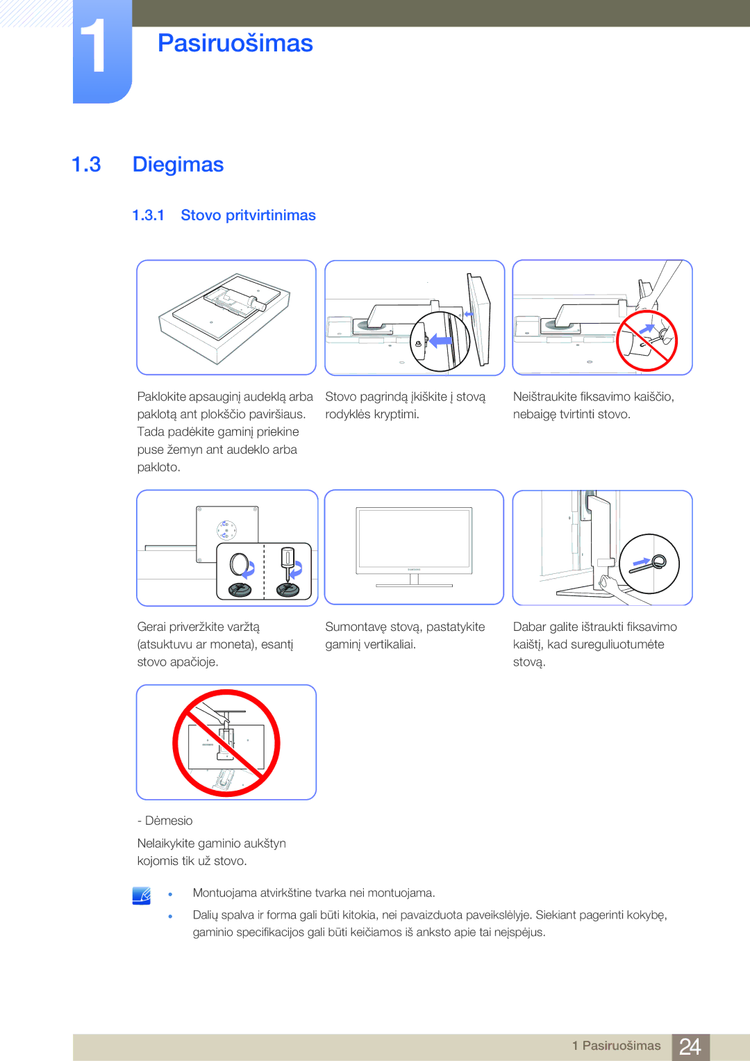 Samsung LF19NSBTBN/EN, LF24NSBTBN/EN, LF22NSBTBN/EN manual Diegimas, Stovo pritvirtinimas 