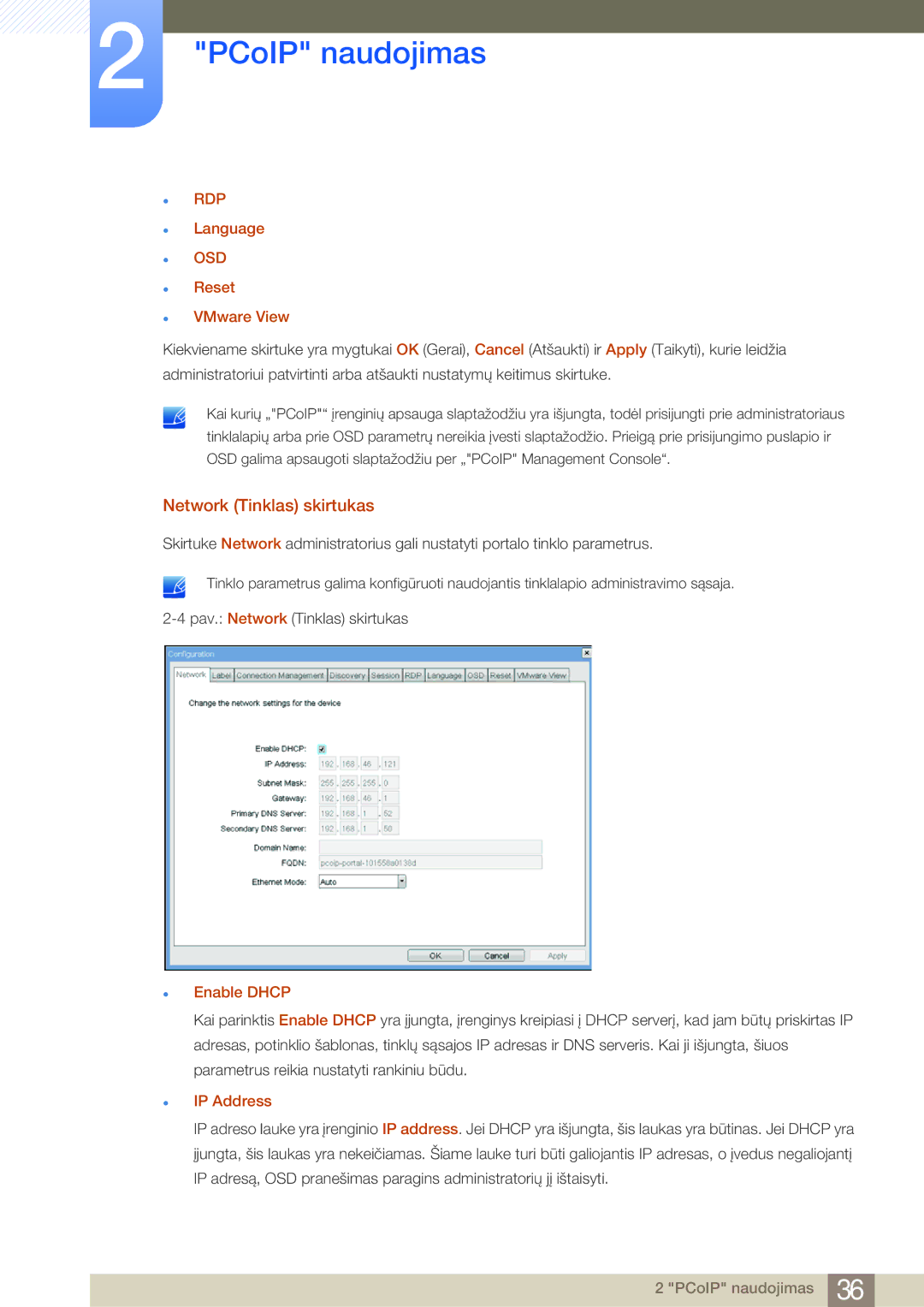 Samsung LF19NSBTBN/EN, LF24NSBTBN/EN manual Network Tinklas skirtukas, Language, Reset VMware View, Enable Dhcp, IP Address 