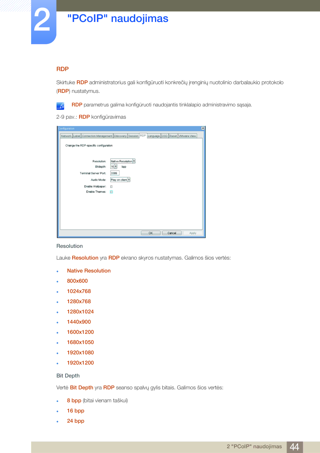 Samsung LF22NSBTBN/EN, LF19NSBTBN/EN, LF24NSBTBN/EN manual Resolution, Bit Depth, bpp 24 bpp 