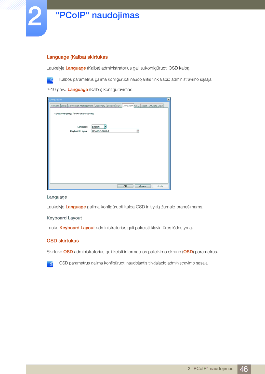 Samsung LF24NSBTBN/EN, LF19NSBTBN/EN, LF22NSBTBN/EN manual Language Kalba skirtukas, OSD skirtukas 