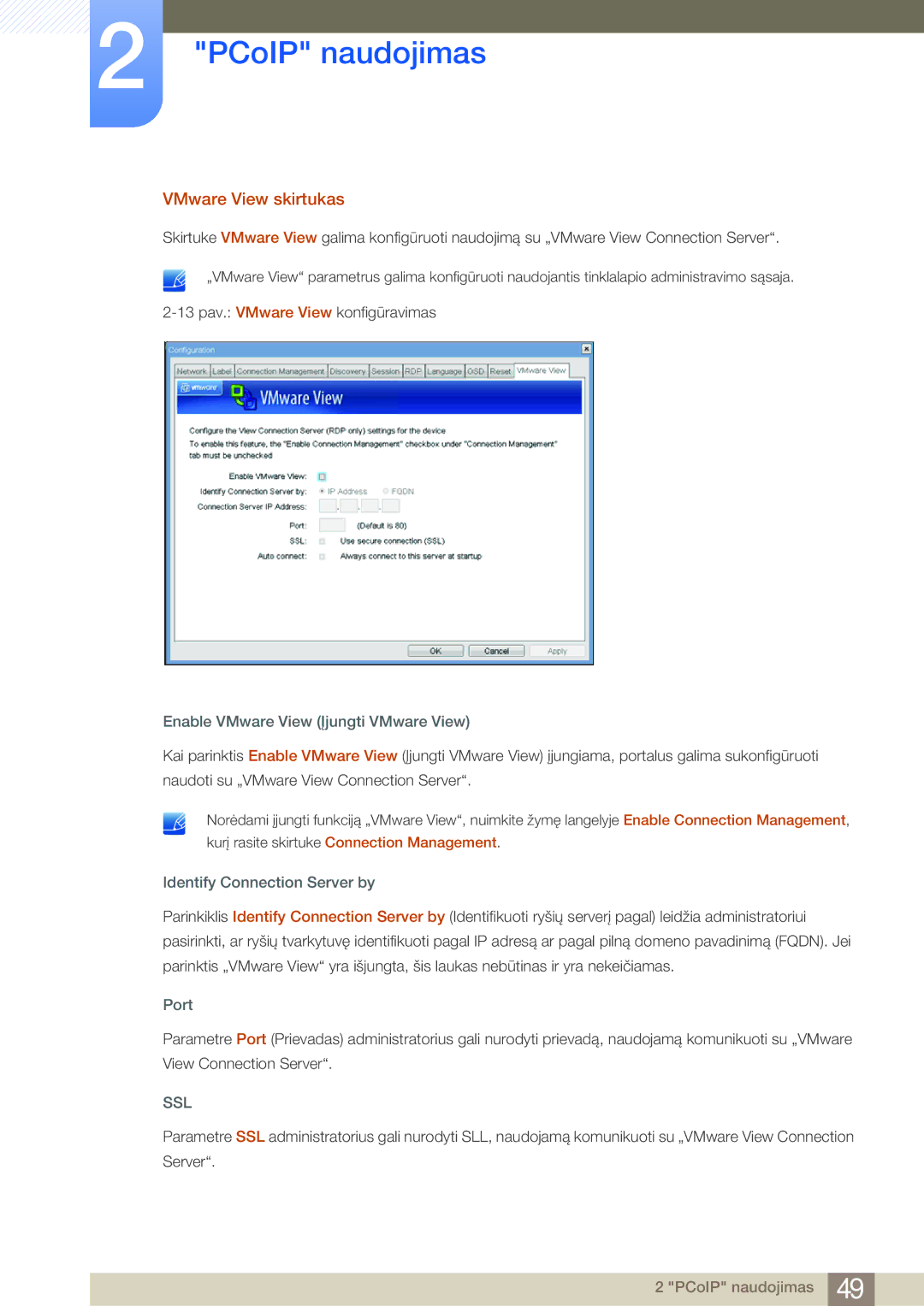 Samsung LF24NSBTBN/EN VMware View skirtukas, Enable VMware View Įjungti VMware View, Identify Connection Server by, Port 