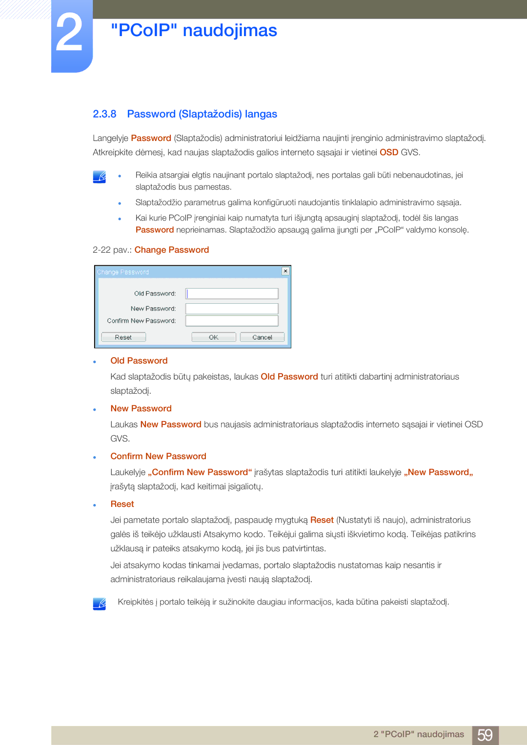 Samsung LF22NSBTBN/EN manual Password Slaptažodis langas, 22 pav. Change Password Old Password, New Password, Reset 