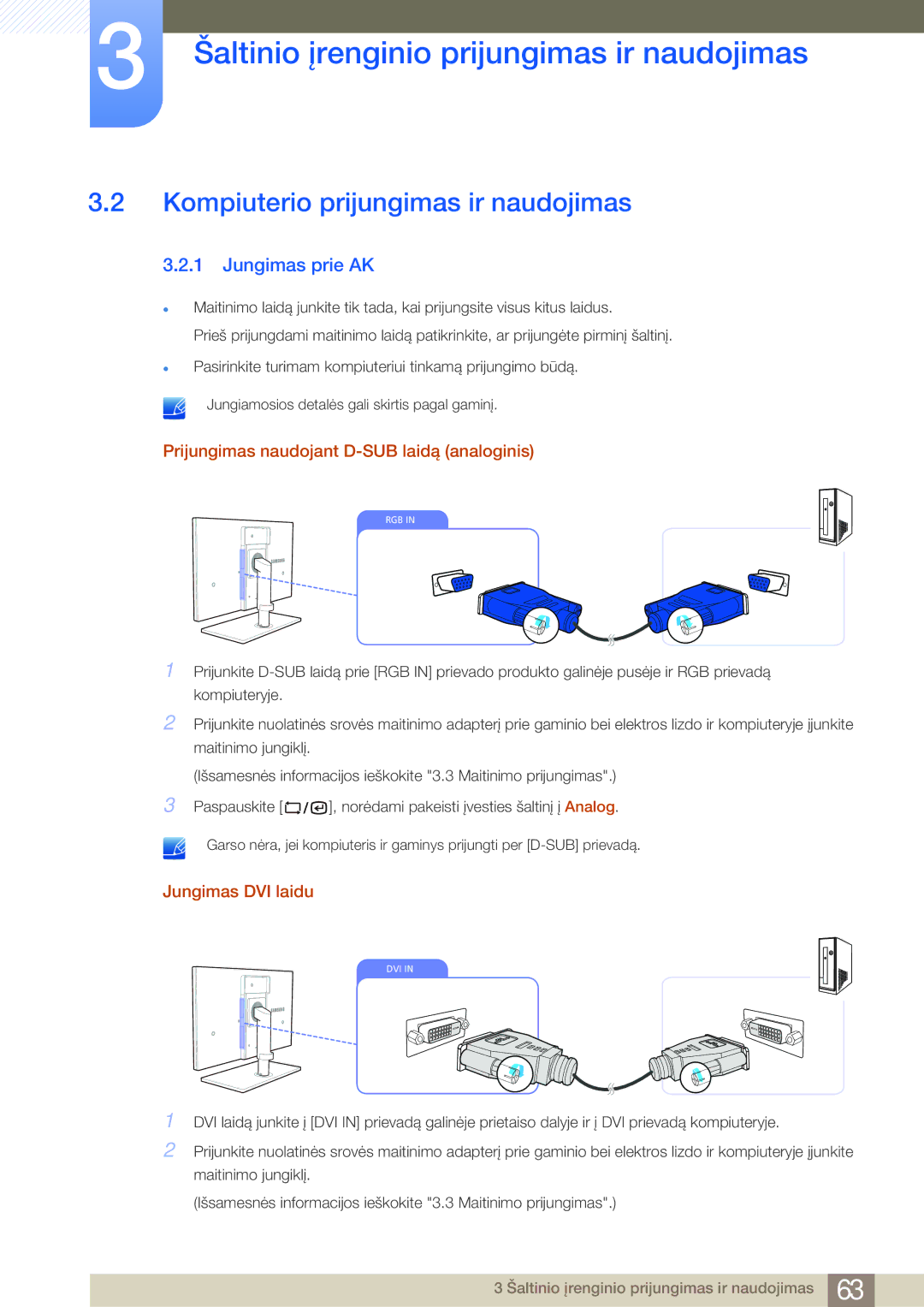 Samsung LF19NSBTBN/EN, LF24NSBTBN/EN manual Kompiuterio prijungimas ir naudojimas, Jungimas prie AK, Jungimas DVI laidu 