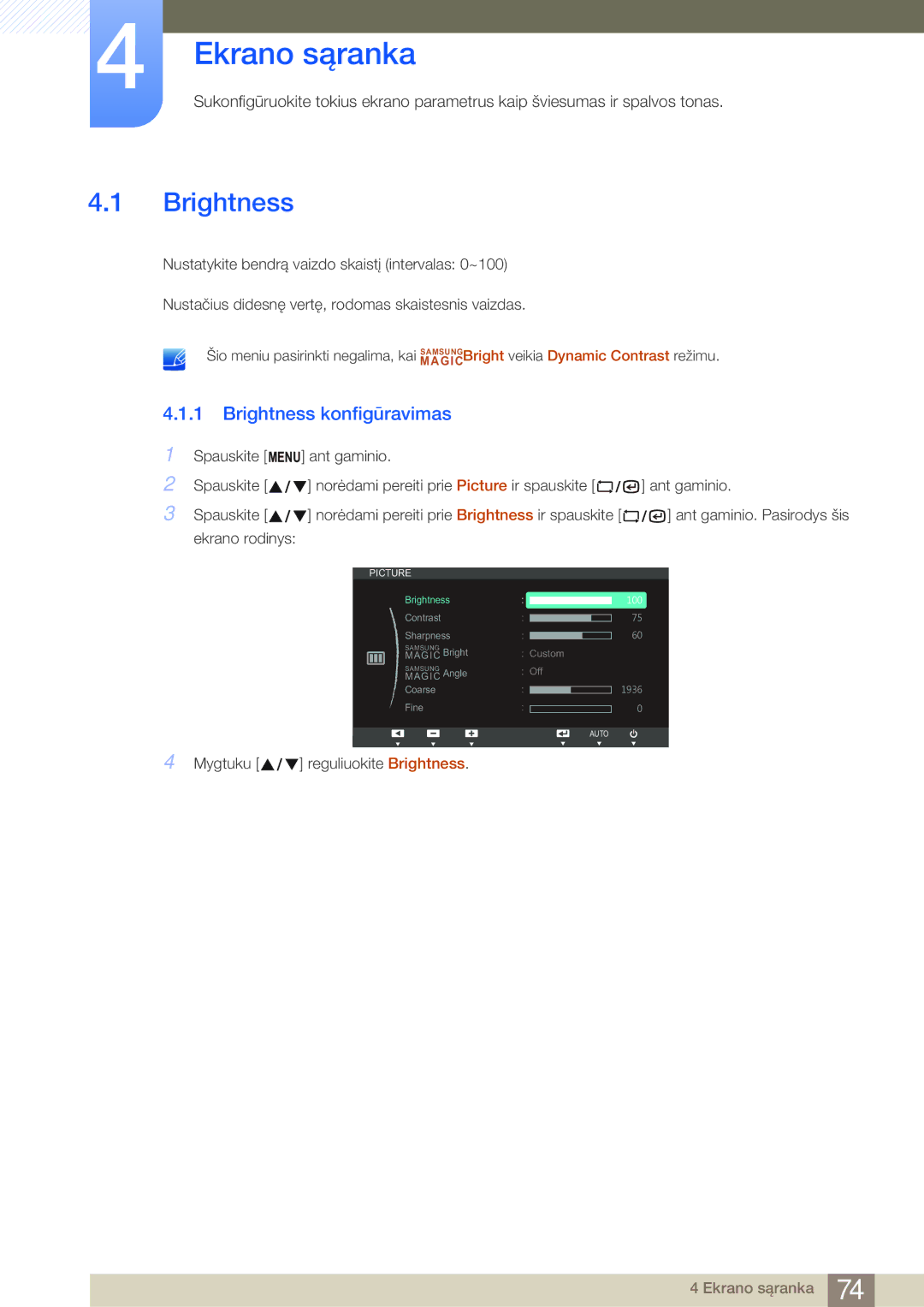 Samsung LF22NSBTBN/EN, LF19NSBTBN/EN, LF24NSBTBN/EN manual Ekrano sąranka, Brightness konfigūravimas 