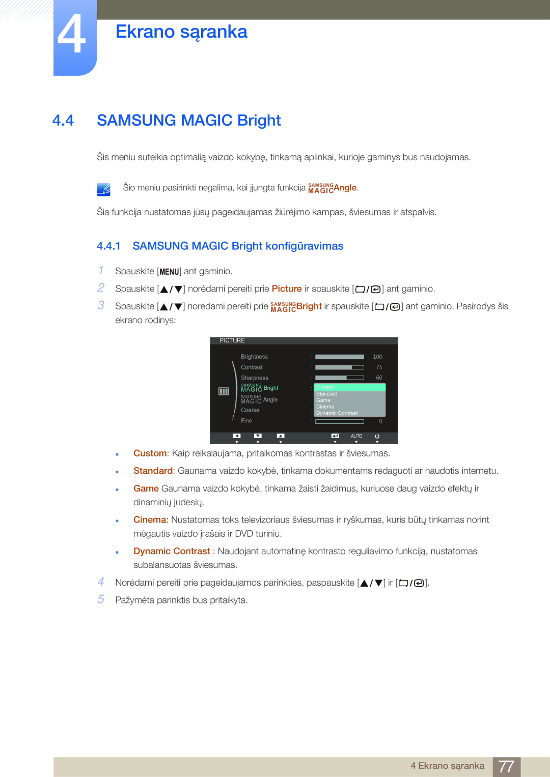 Samsung LF22NSBTBN/EN, LF19NSBTBN/EN, LF24NSBTBN/EN manual Samsung Magic Bright konfigūravimas 