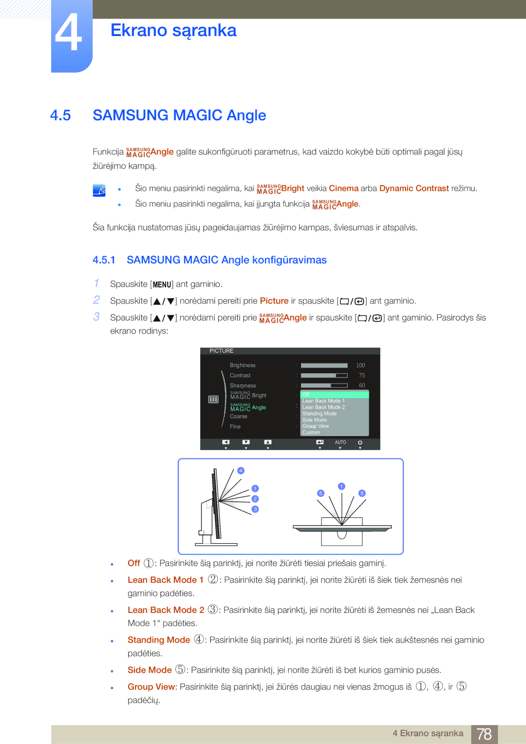 Samsung LF19NSBTBN/EN, LF24NSBTBN/EN manual Samsung Magic Angle konfigūravimas, Lean Back Mode, Standing Mode padėties 