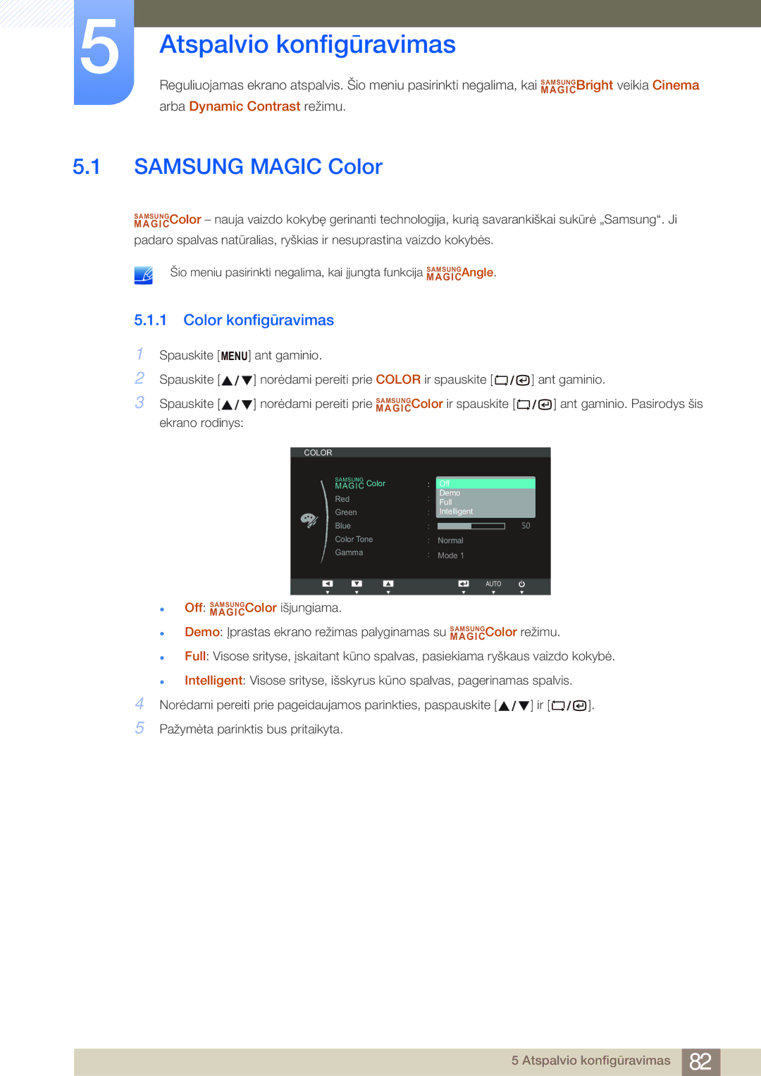 Samsung LF24NSBTBN/EN, LF19NSBTBN/EN, LF22NSBTBN/EN Atspalvio konfigūravimas, Samsung Magic Color, Color konfigūravimas 