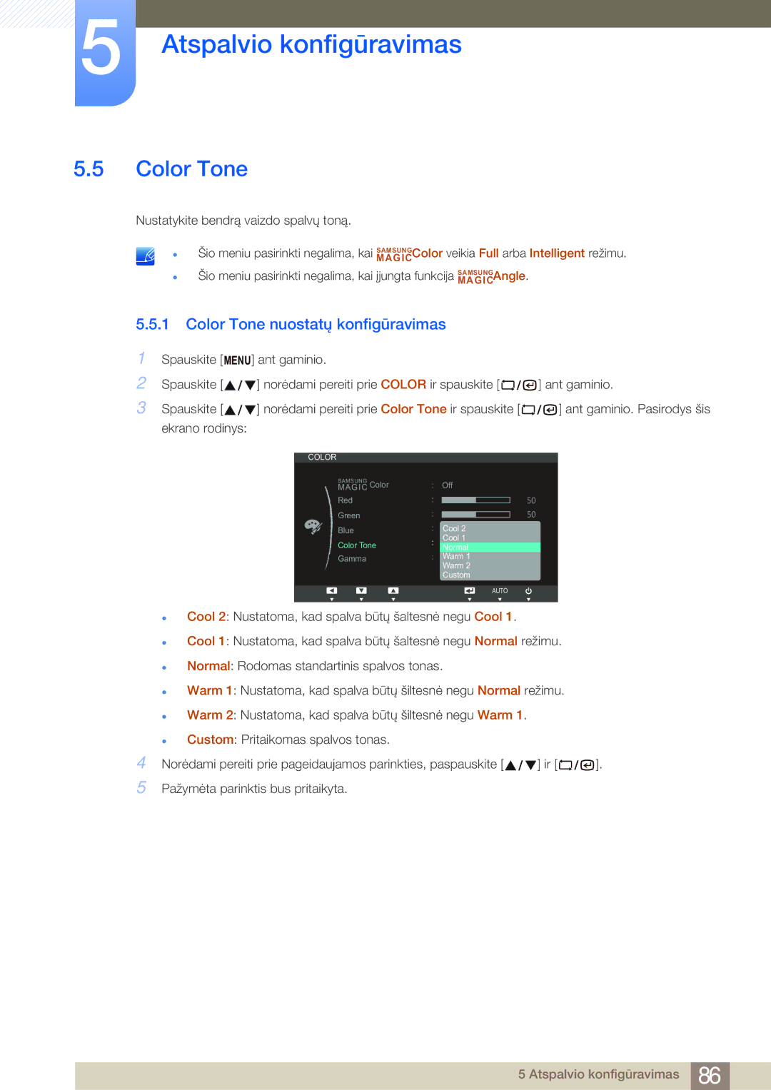 Samsung LF22NSBTBN/EN, LF19NSBTBN/EN, LF24NSBTBN/EN manual Color Tone nuostatų konfigūravimas 