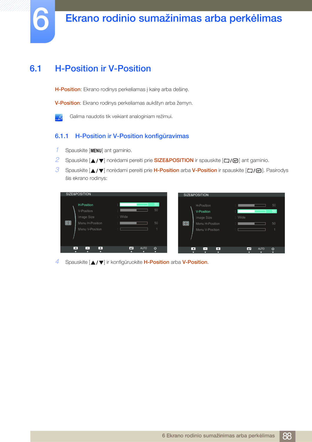 Samsung LF24NSBTBN/EN, LF19NSBTBN/EN, LF22NSBTBN/EN manual Ekrano rodinio sumažinimas arba perkėlimas, Position ir V-Position 