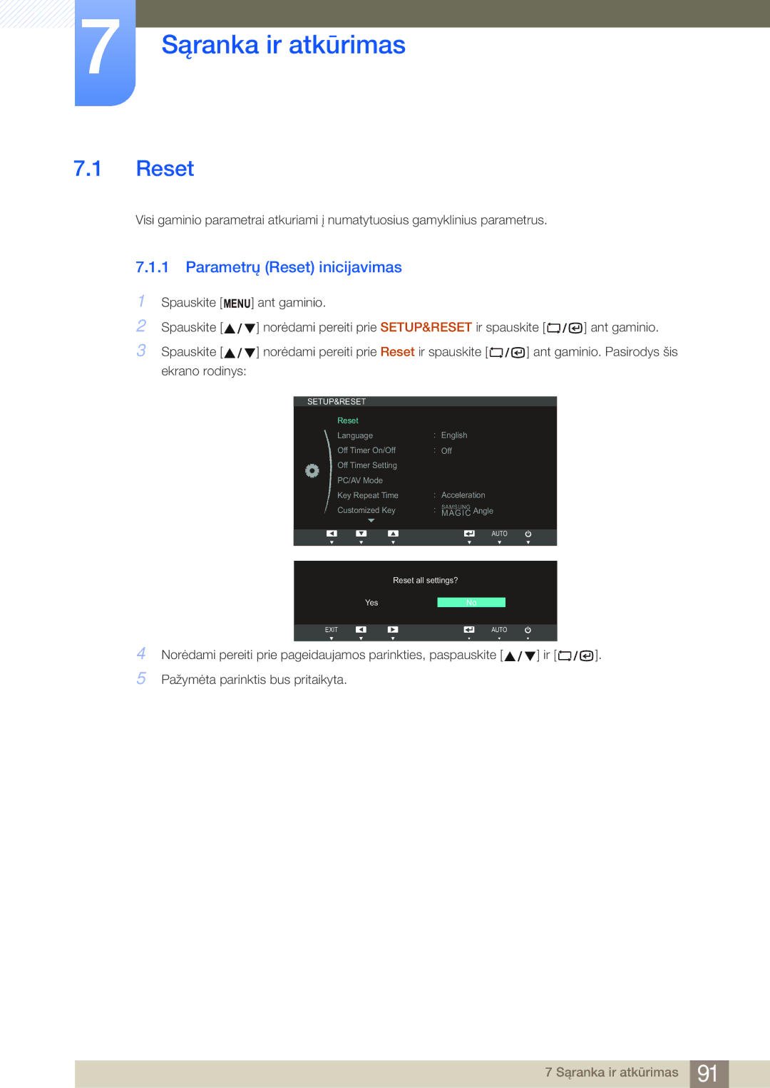 Samsung LF24NSBTBN/EN, LF19NSBTBN/EN, LF22NSBTBN/EN manual Sąranka ir atkūrimas, Parametrų Reset inicijavimas 