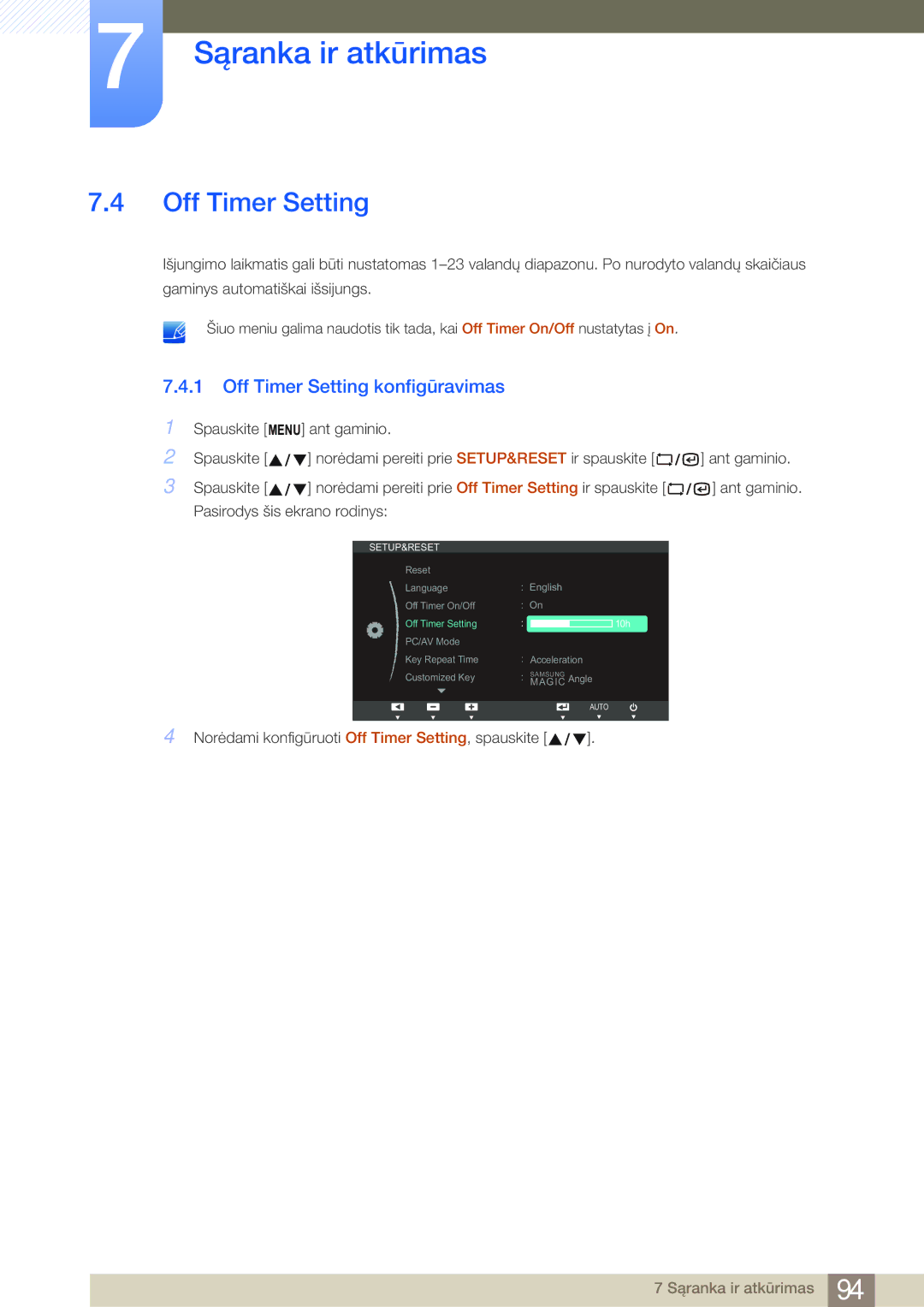 Samsung LF24NSBTBN/EN, LF19NSBTBN/EN, LF22NSBTBN/EN manual Off Timer Setting konfigūravimas 