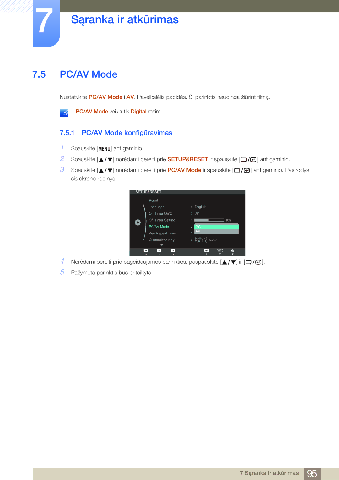 Samsung LF22NSBTBN/EN, LF19NSBTBN/EN, LF24NSBTBN/EN 1 PC/AV Mode konfigūravimas, PC/AV Mode veikia tik Digital režimu 