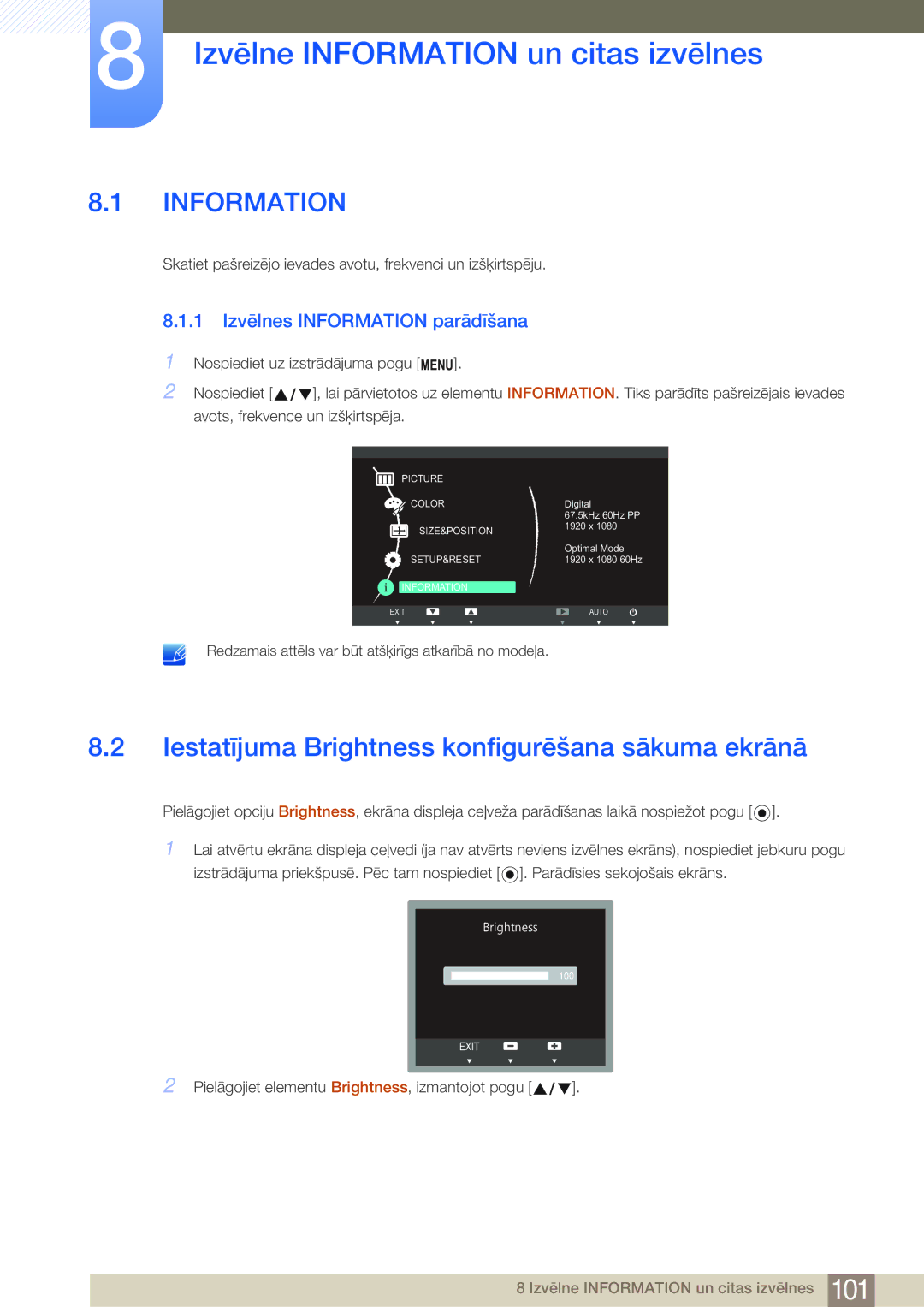 Samsung LF22NSBTBN/EN manual Izvēlne Information un citas izvēlnes, Iestatījuma Brightness konfigurēšana sākuma ekrānā 