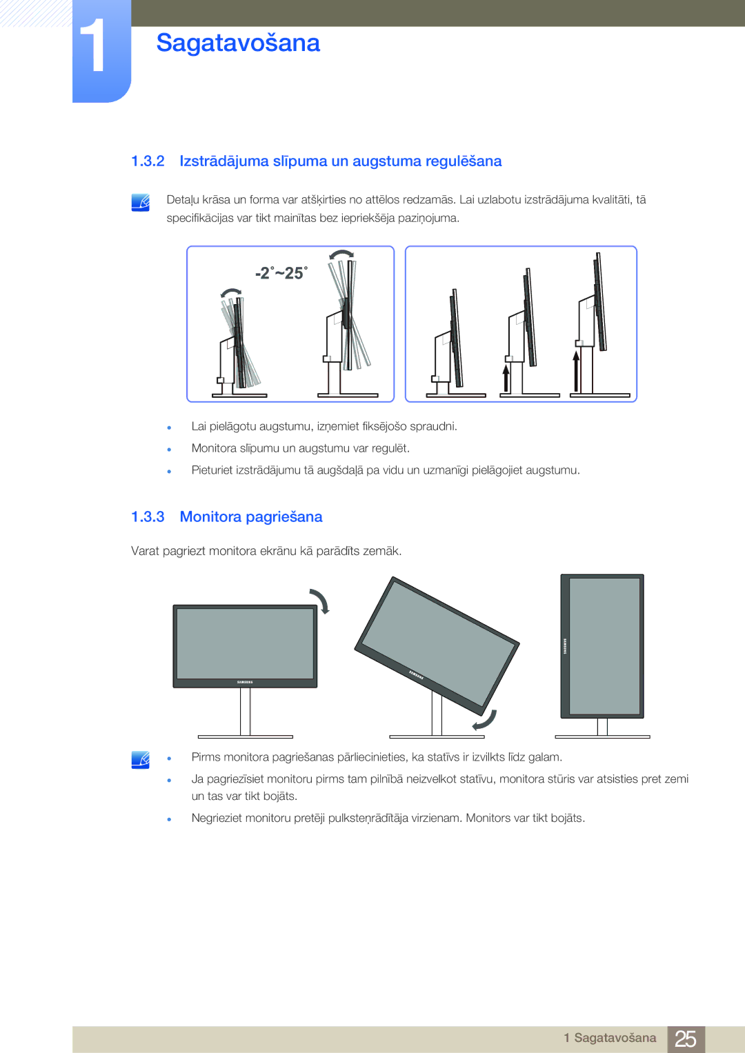 Samsung LF24NSBTBN/EN, LF19NSBTBN/EN, LF22NSBTBN/EN manual Izstrādājuma slīpuma un augstuma regulēšana, Monitora pagriešana 