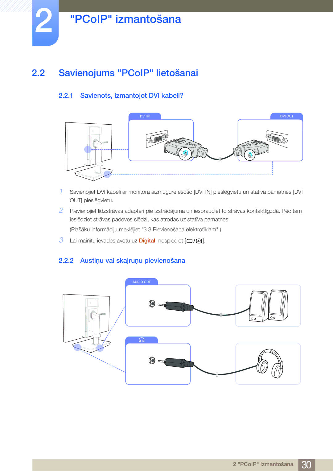 Samsung LF19NSBTBN/EN Savienojums PCoIP lietošanai, Savienots, izmantojot DVI kabeli?, Austiņu vai skaļruņu pievienošana 