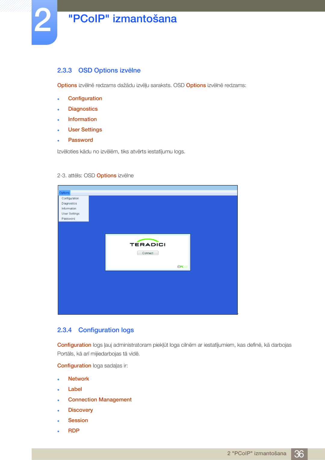 Samsung LF19NSBTBN/EN OSD Options izvēlne, Configuration logs, Network Label Connection Management Discovery Session RDP 