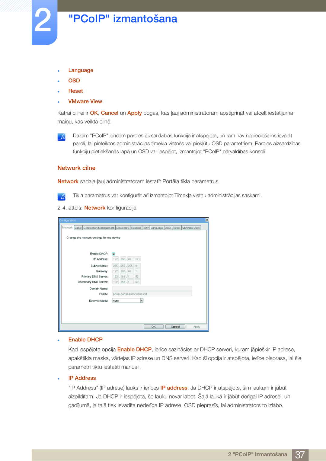 Samsung LF24NSBTBN/EN, LF19NSBTBN/EN, LF22NSBTBN/EN Network cilne, Language, Reset VMware View, Enable Dhcp, IP Address 