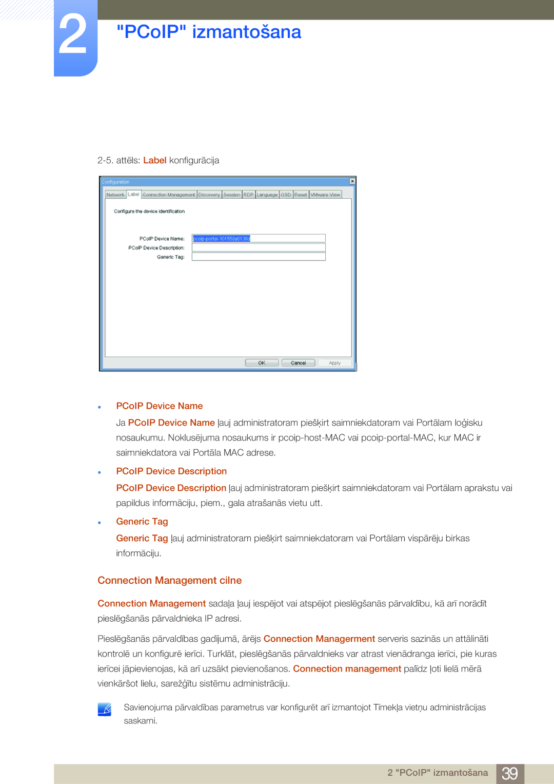 Samsung LF19NSBTBN/EN, LF24NSBTBN/EN Connection Management cilne, PCoIP Device Name, PCoIP Device Description, Generic Tag 