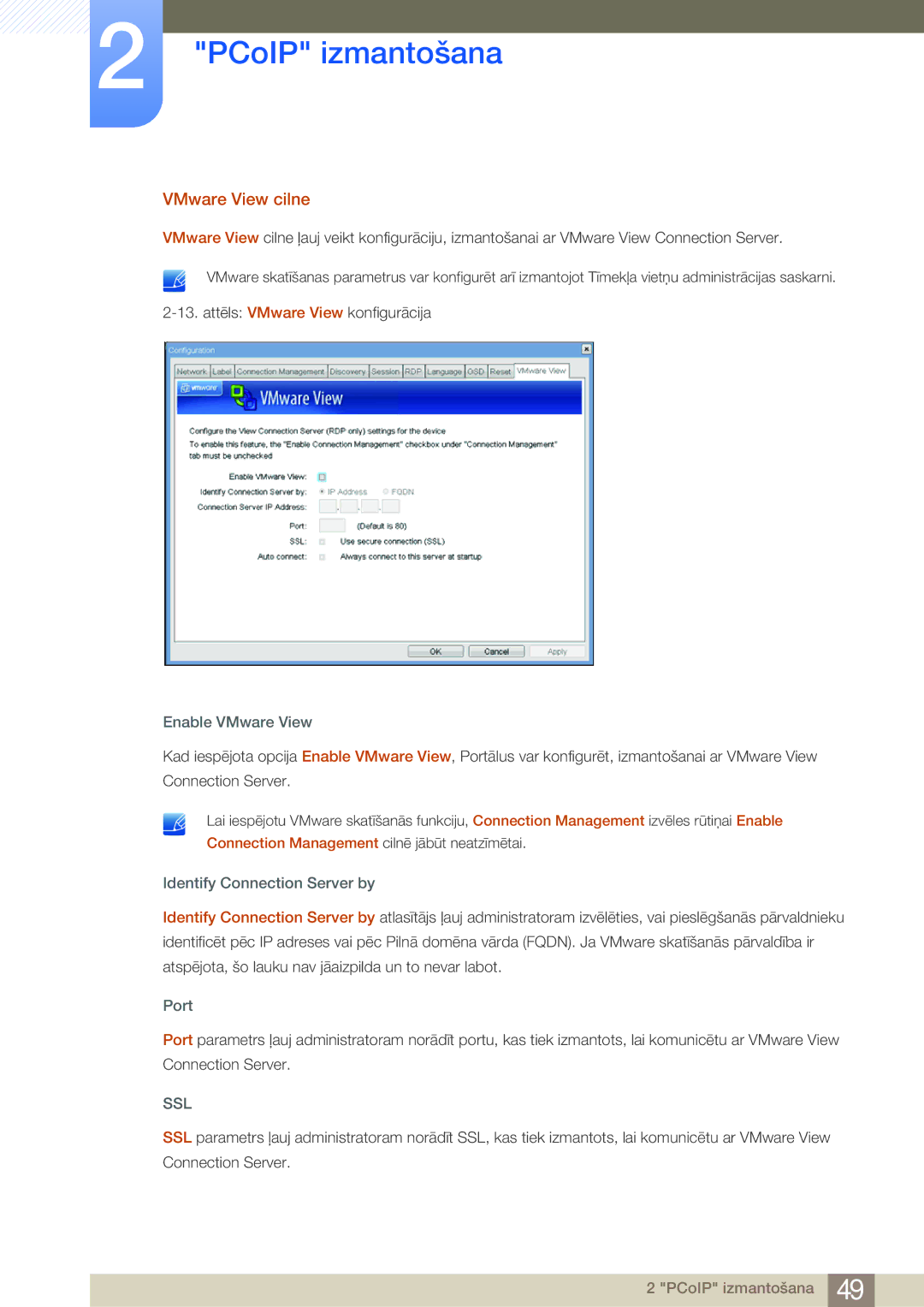 Samsung LF24NSBTBN/EN, LF19NSBTBN/EN manual VMware View cilne, Enable VMware View, Identify Connection Server by, Port 