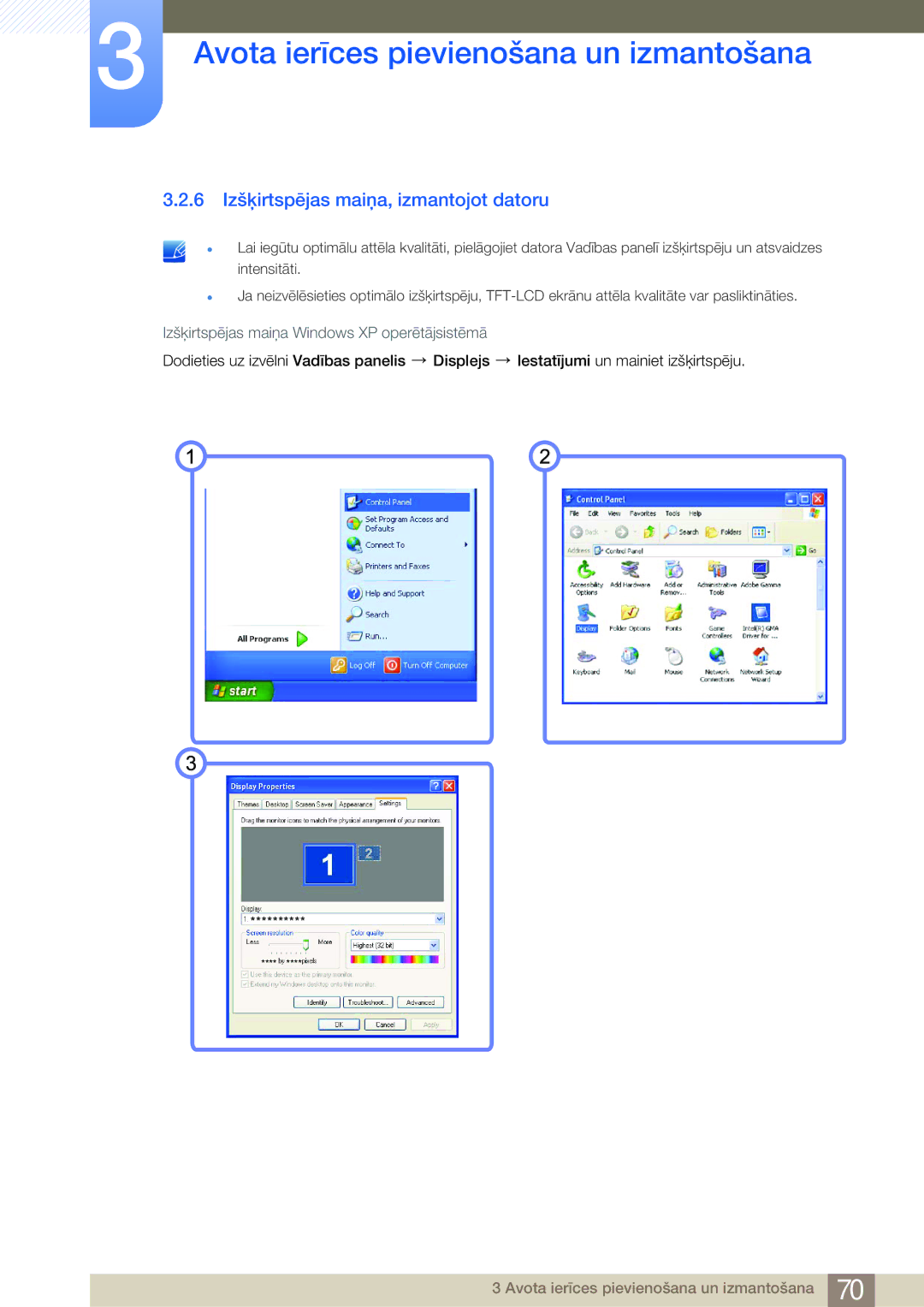 Samsung LF24NSBTBN/EN manual 6 Izšķirtspējas maiņa, izmantojot datoru, Izšķirtspējas maiņa Windows XP operētājsistēmā 