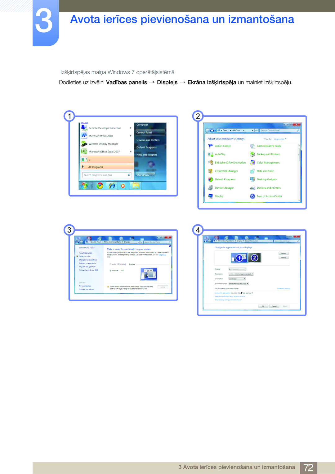 Samsung LF19NSBTBN/EN, LF24NSBTBN/EN, LF22NSBTBN/EN manual Izšķirtspējas maiņa Windows 7 operētājsistēmā 