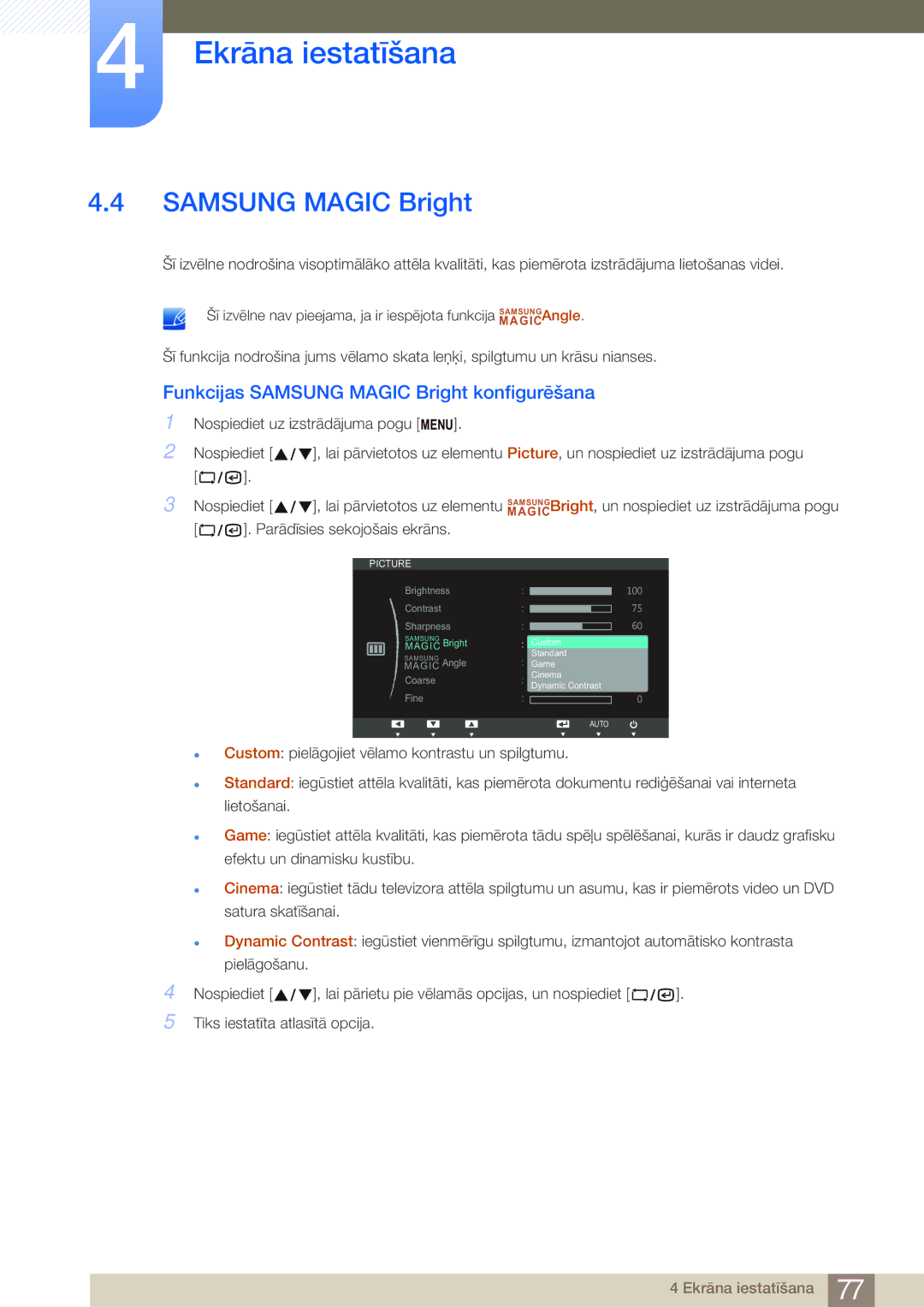 Samsung LF22NSBTBN/EN, LF19NSBTBN/EN, LF24NSBTBN/EN manual Funkcijas Samsung Magic Bright konfigurēšana 