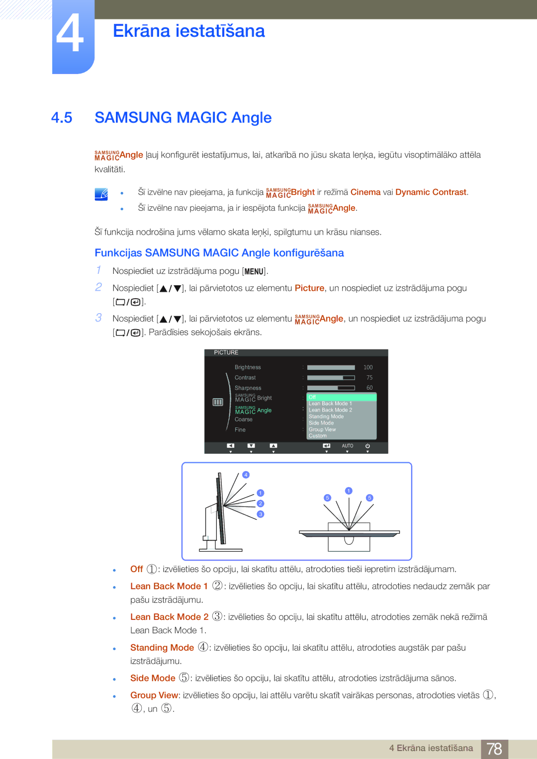 Samsung LF19NSBTBN/EN manual Funkcijas Samsung Magic Angle konfigurēšana, Lean Back Mode, Standing Mode izstrādājumu 