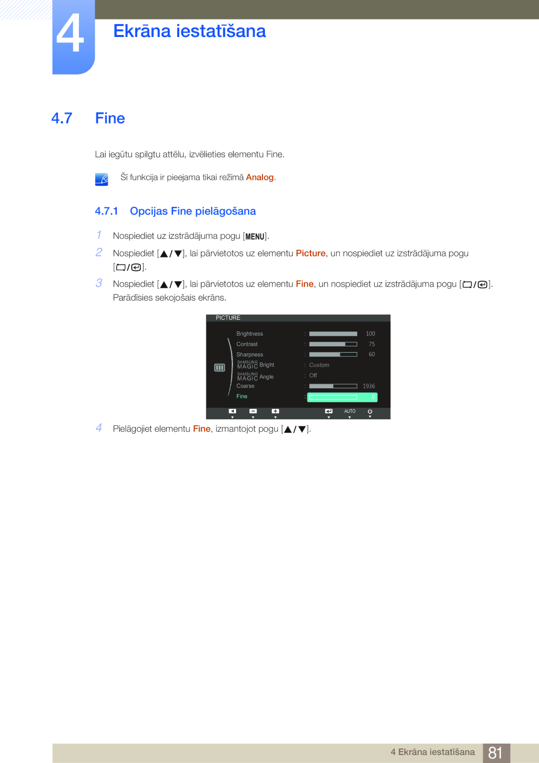 Samsung LF19NSBTBN/EN, LF24NSBTBN/EN, LF22NSBTBN/EN manual Opcijas Fine pielāgošana 