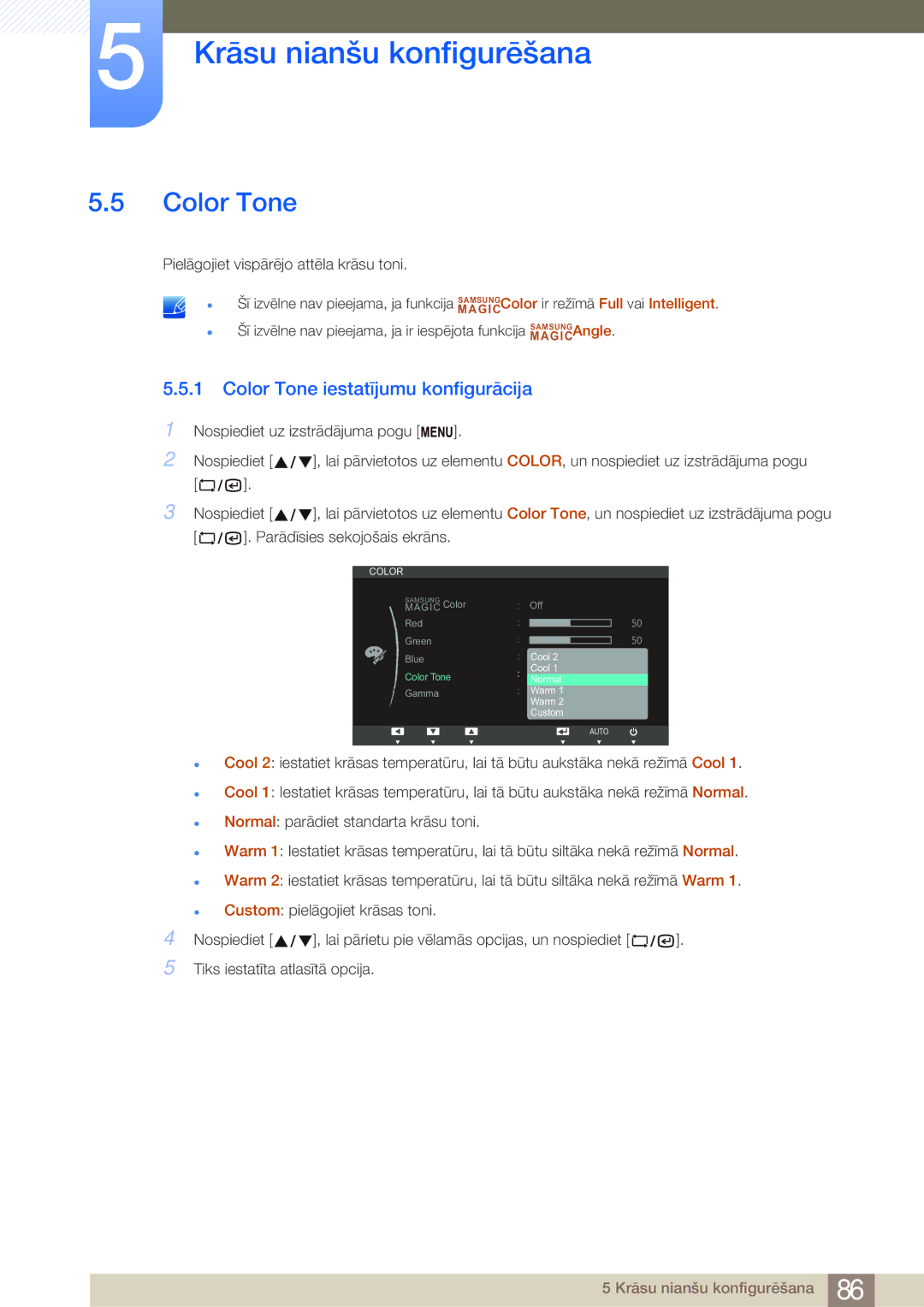 Samsung LF22NSBTBN/EN, LF19NSBTBN/EN, LF24NSBTBN/EN manual Color Tone iestatījumu konfigurācija 