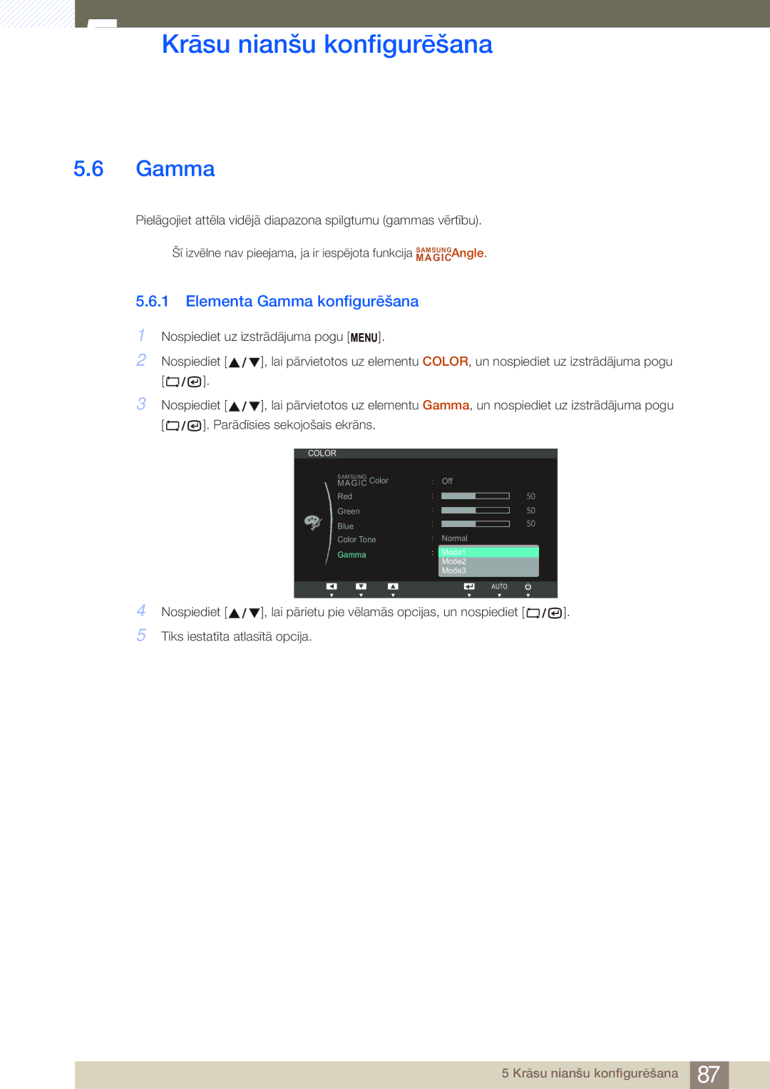 Samsung LF19NSBTBN/EN, LF24NSBTBN/EN, LF22NSBTBN/EN manual Elementa Gamma konfigurēšana 