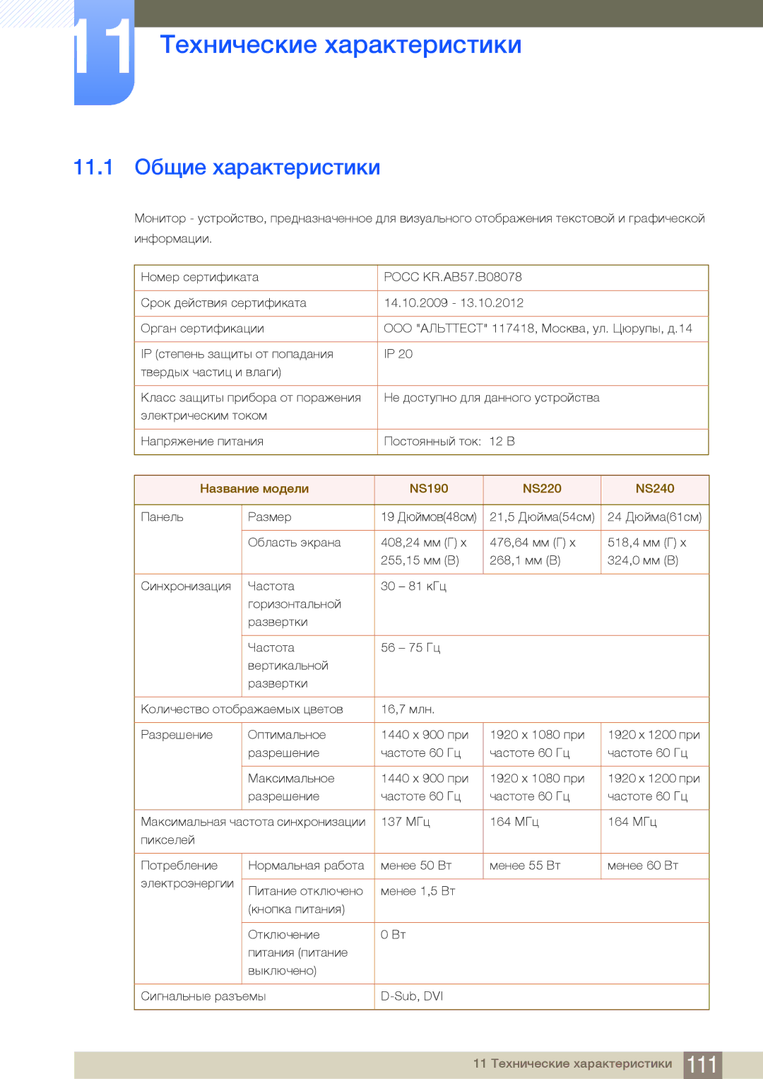 Samsung LF19NSBTBN/EN, LF24NSBTBN/EN, LF22NSBTBN/EN manual 11 Технические характеристики, 11.1 Общие характеристики 