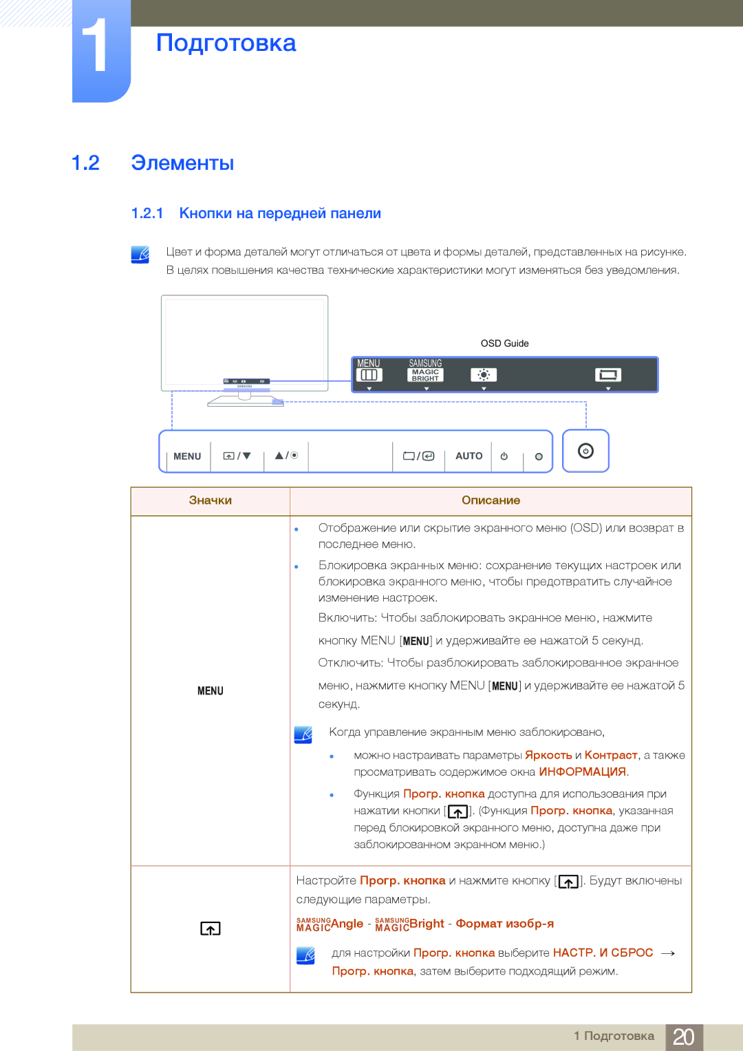 Samsung LF22NSBTBN/EN, LF19NSBTBN/EN, LF24NSBTBN/EN manual Элементы, 1 Кнопки на передней панели 