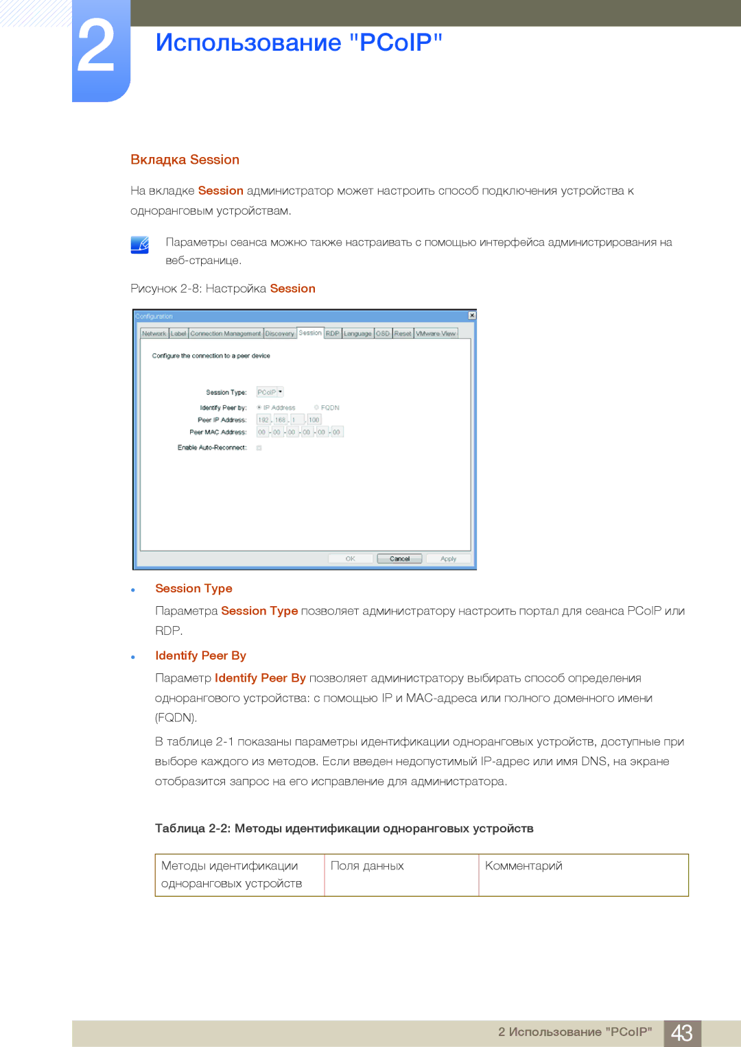 Samsung LF24NSBTBN/EN, LF19NSBTBN/EN, LF22NSBTBN/EN manual Вкладка Session, Session Type, Identify Peer By 