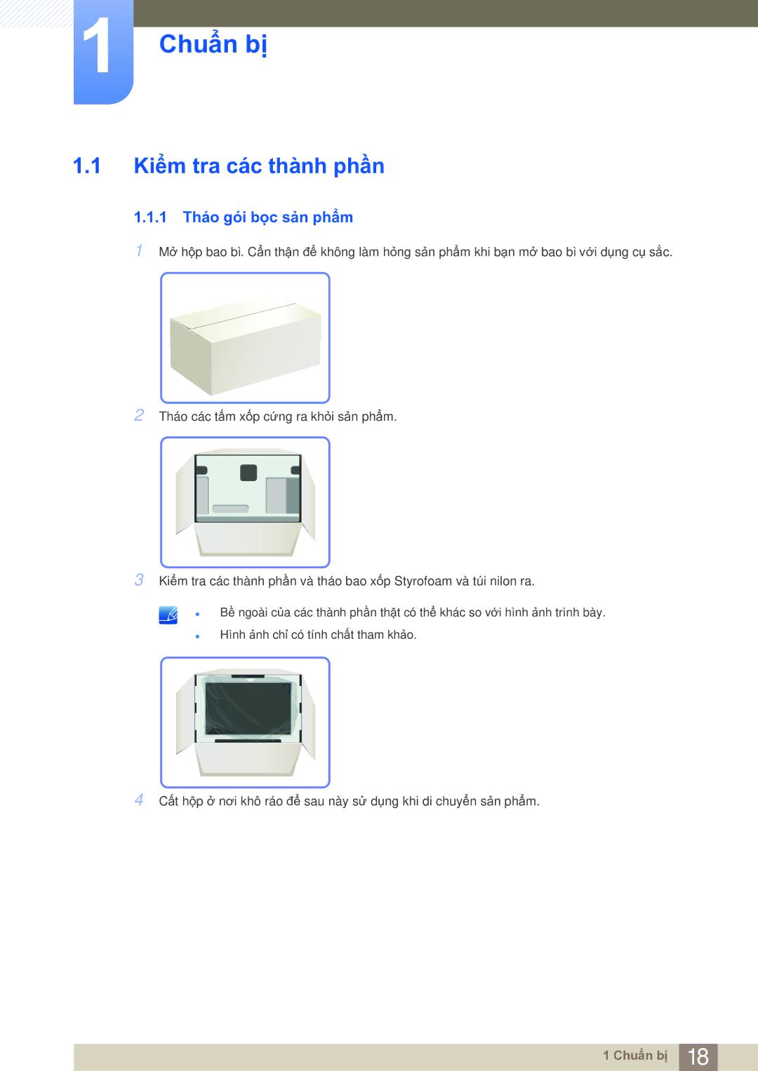 Samsung LF22NSBTBN/XS, LF19NSBTBN/XY, LF19NSBTBNMXV manual Chuẩn bị, Kiểm tra các thành phần, 1 Tháo gói bọc sản phẩm 