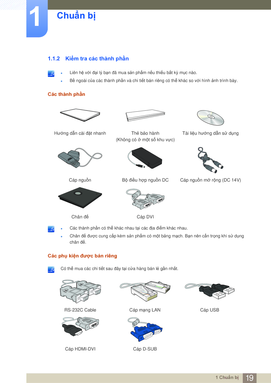 Samsung LF19NSBTBN/XS, LF19NSBTBN/XY, LF19NSBTBNMXV 2 Kiểm tra các thành phần, Các thành phần, Các phụ kiện được bán riêng 