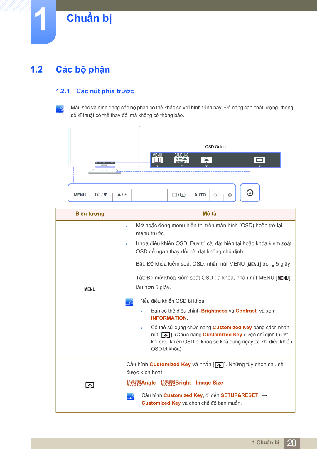 Samsung LF19NSBTBN/XY, LF19NSBTBNMXV, LF22NSBTBN/XS, LF19NSBTBN/XS manual Các bộ phận, 1 Các nút phía trước 