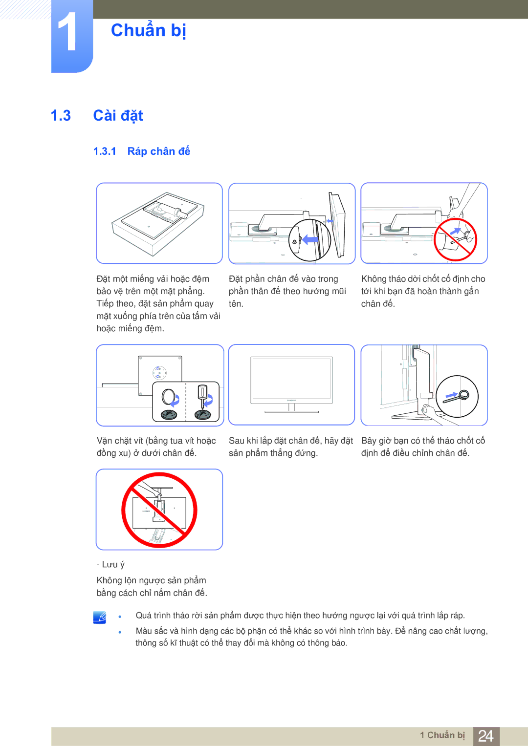 Samsung LF19NSBTBN/XY, LF19NSBTBNMXV, LF22NSBTBN/XS, LF19NSBTBN/XS manual Cài đặt, 1 Ráp chân đế 