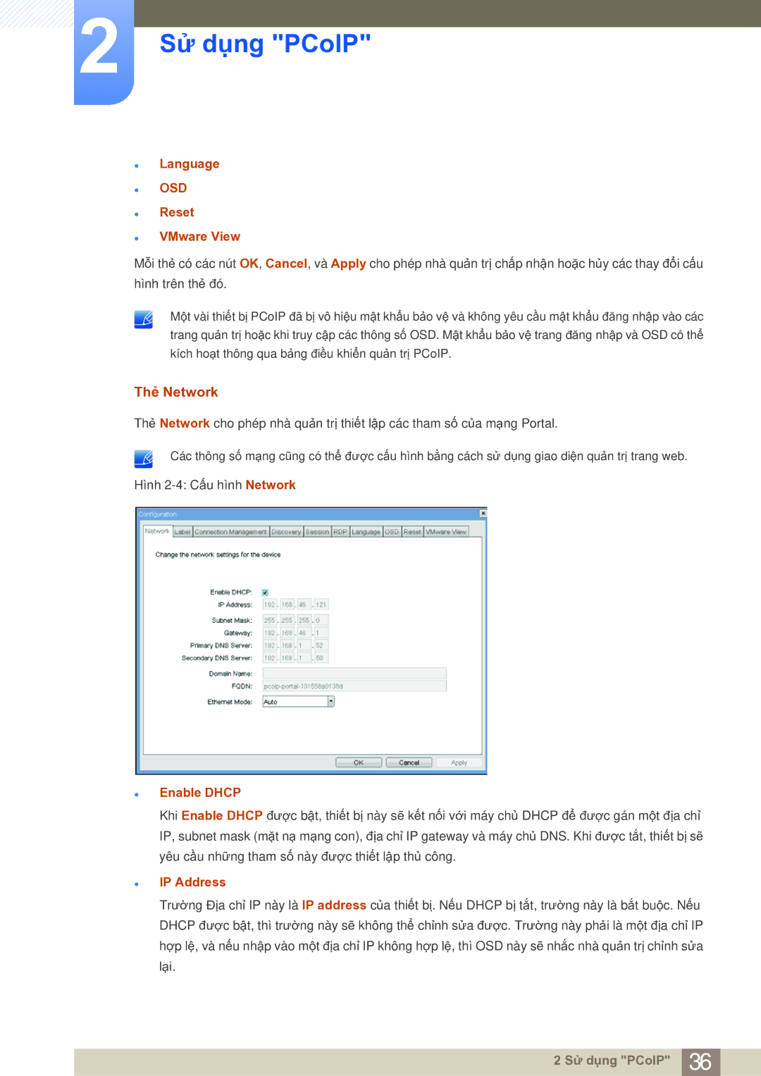 Samsung LF19NSBTBN/XY, LF19NSBTBNMXV, LF22NSBTBN/XS manual Thẻ Network, Language, Reset VMware View, Enable Dhcp, IP Address 