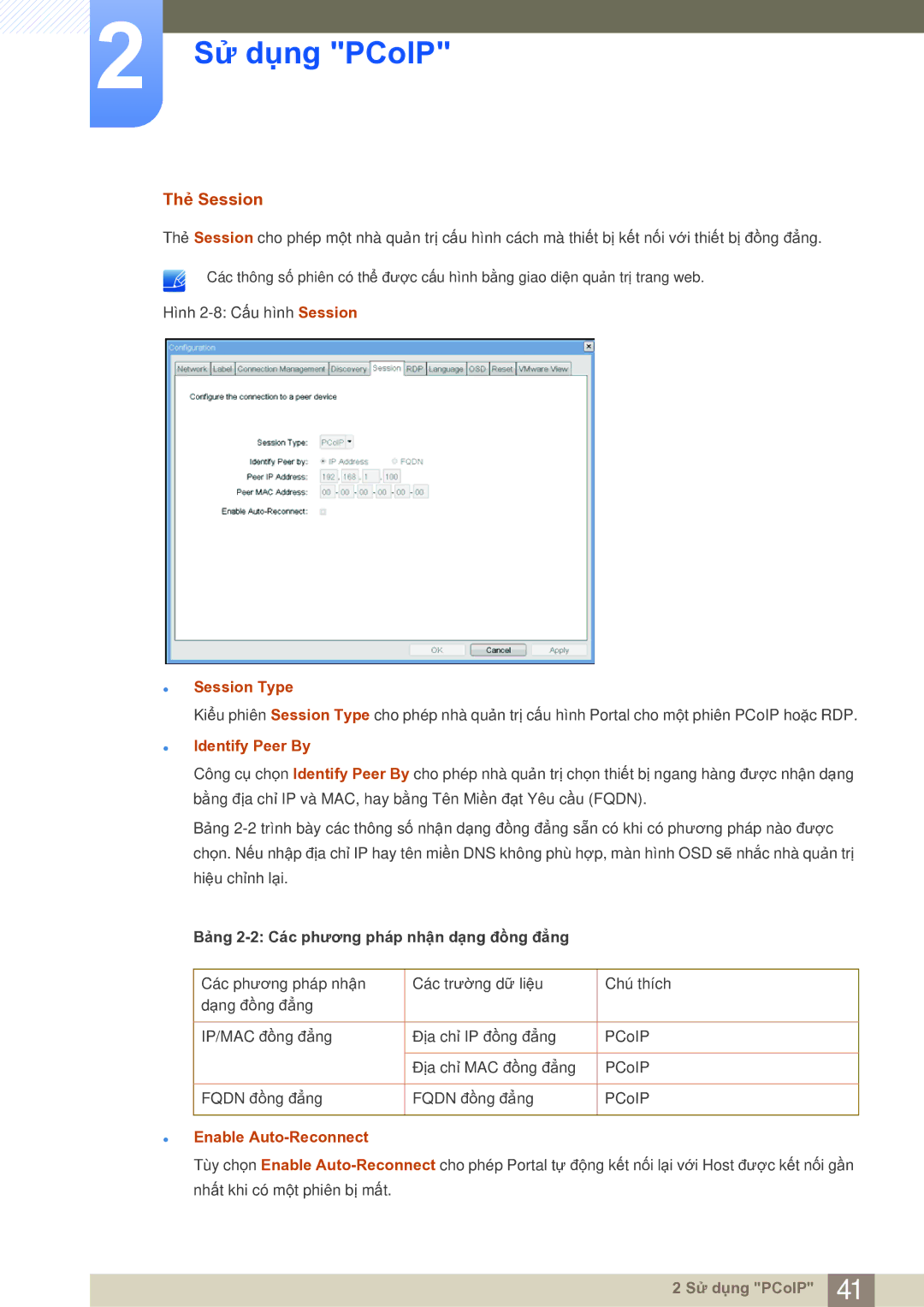 Samsung LF19NSBTBNMXV, LF19NSBTBN/XY, LF22NSBTBN/XS manual Thẻ Session, Session Type, Identify Peer By, Enable Auto-Reconnect 