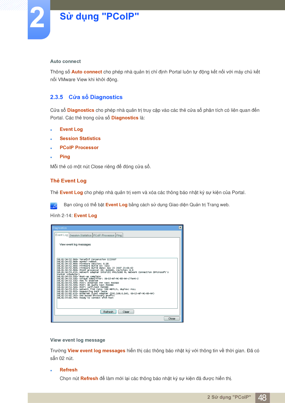 Samsung LF19NSBTBN/XY 5 Cửa sổ Diagnostics, Thẻ Event Log, Event Log Session Statistics PCoIP Processor Ping, Refresh 