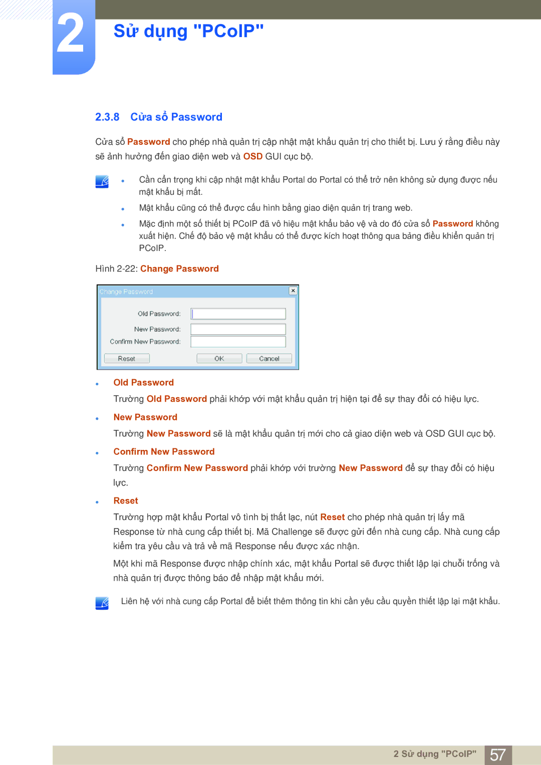 Samsung LF19NSBTBNMXV manual 8 Cửa sổ Password, Hình 2-22Change Password Old Password, Confirm New Password, Reset 