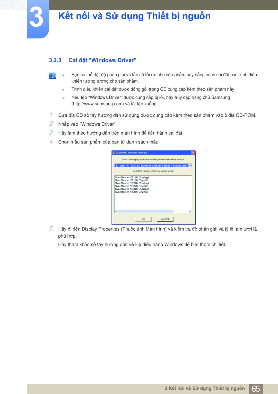 Samsung LF19NSBTBNMXV, LF19NSBTBN/XY, LF22NSBTBN/XS, LF19NSBTBN/XS manual 3 Cài đặt Windows Driver 