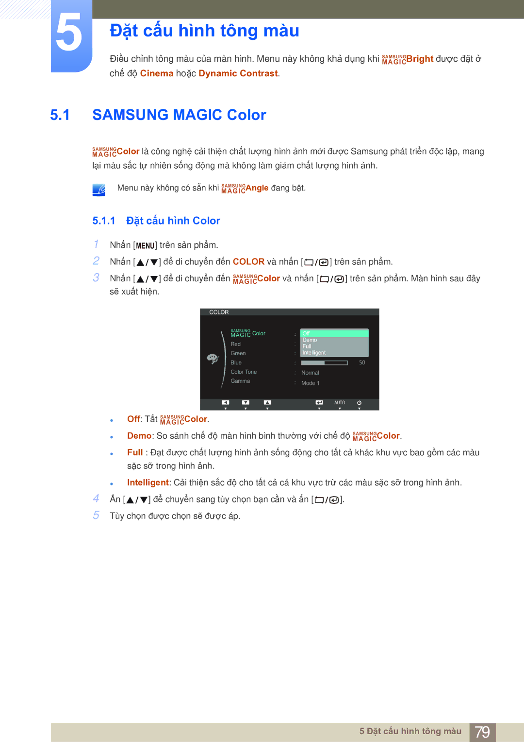 Samsung LF19NSBTBN/XS manual Đặt cấu hình tông màu, Samsung Magic Color, 1 Đặt cấu hình Color, Off Tắt MAGICSAMSUNGColor 