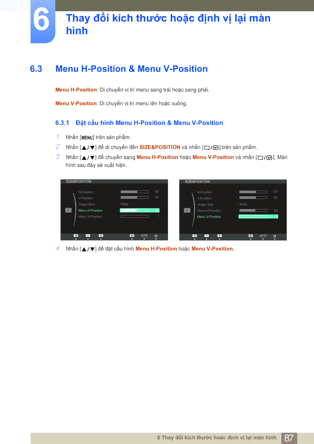 Samsung LF19NSBTBN/XS, LF19NSBTBN/XY, LF19NSBTBNMXV, LF22NSBTBN/XS manual 1 Đặt cấu hình Menu H-Position & Menu V-Position 