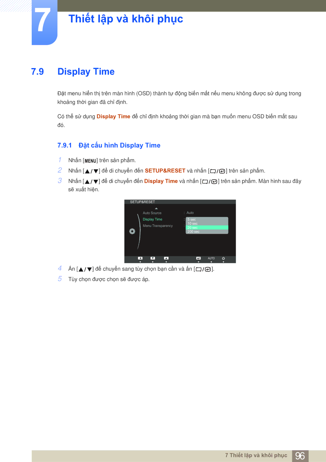 Samsung LF19NSBTBN/XY, LF19NSBTBNMXV, LF22NSBTBN/XS, LF19NSBTBN/XS manual 1 Đặt cấu hình Display Time 