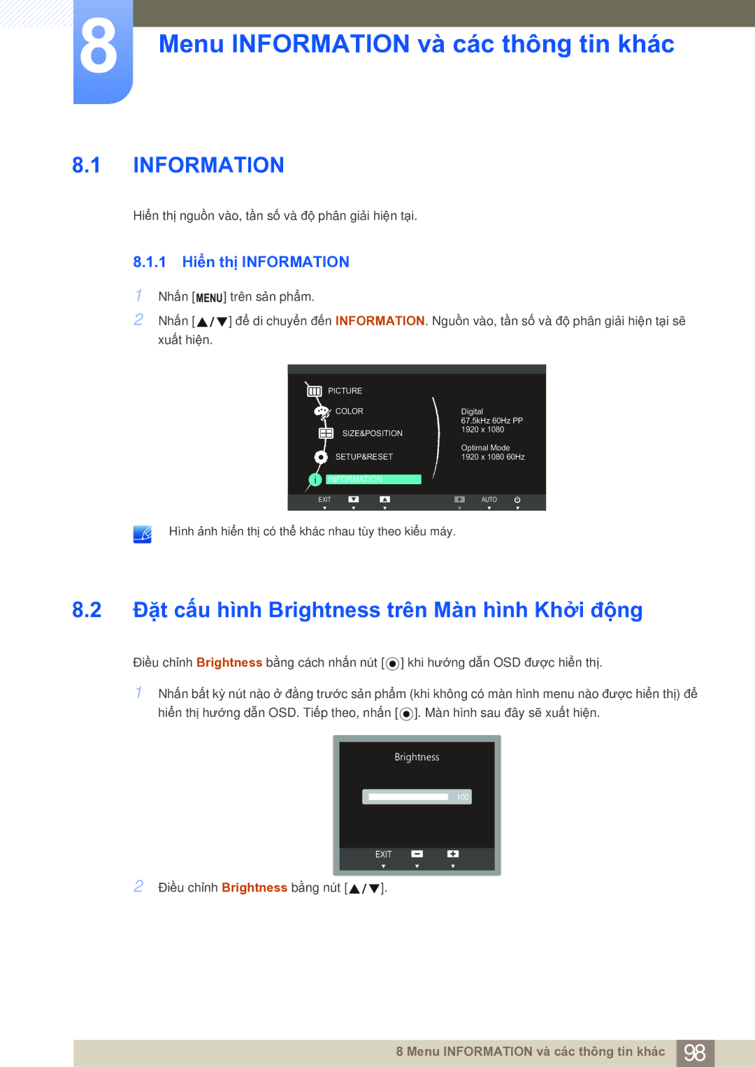 Samsung LF22NSBTBN/XS manual Menu Information và các thông tin khác, Đặt cấu hình Brightness trên Màn hình Khởi động 