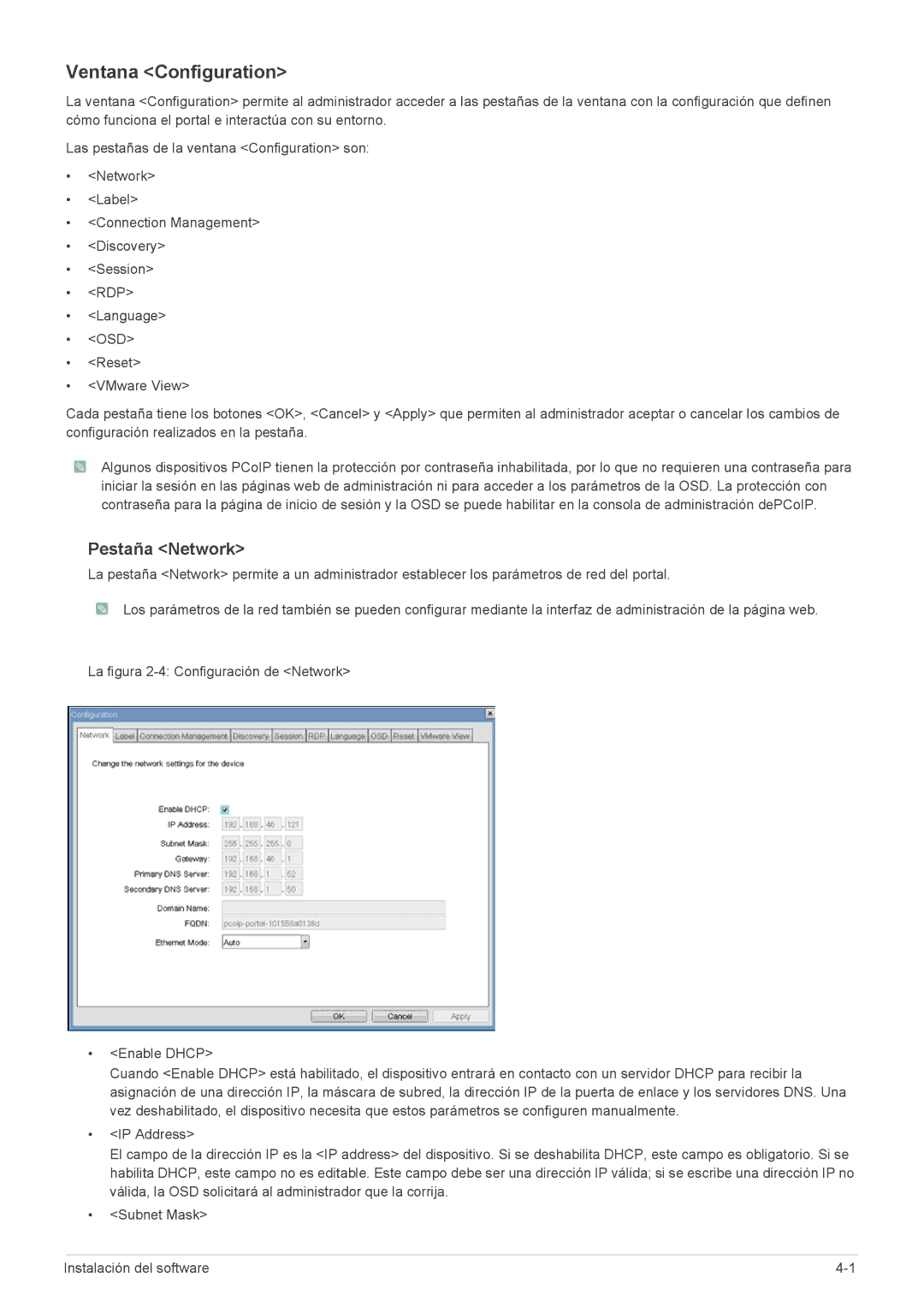 Samsung LF24PPBCB/ZA, LF19PPBCB/EN, LF24PPBCB/EN, LF19PPBCB/ZA manual Ventana Configuration, Pestaña Network 