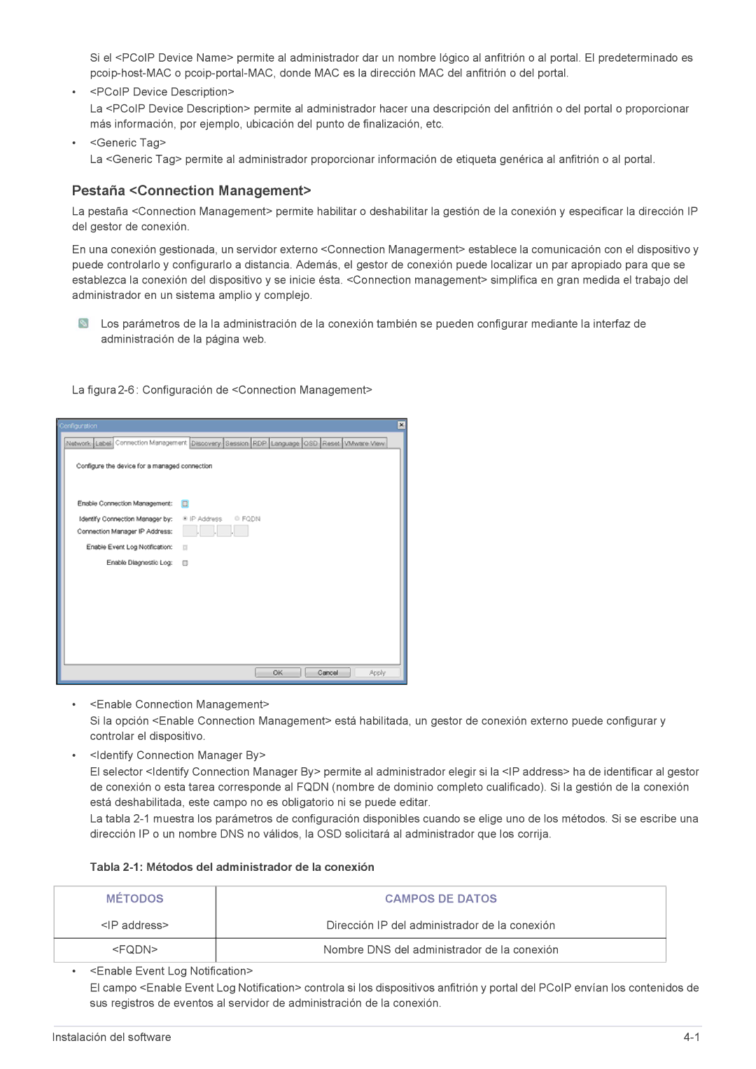 Samsung LF19PPBCB/EN, LF24PPBCB/EN, LF24PPBCB/ZA, LF19PPBCB/ZA manual Pestaña Connection Management, Métodos Campos DE Datos 